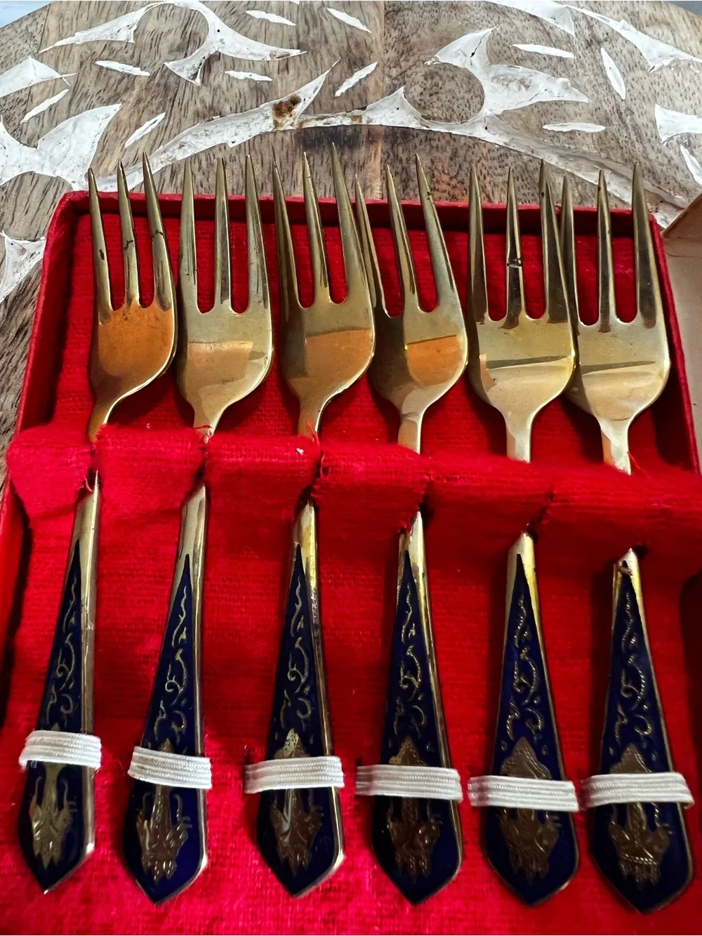 Vtg Johnny’s Gems Blue & Gold Enamel Dessert Fork Set